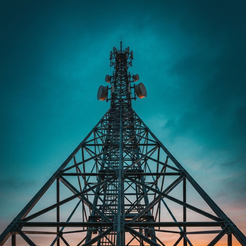 Telecommunications tower against twilight sky
